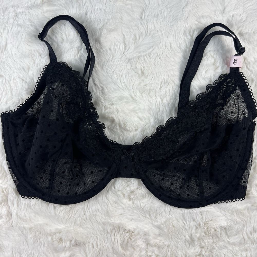 Victoria's Secret Tease Demi Bra Unlined Black Polka Dot Mesh Lace 34DD NWT